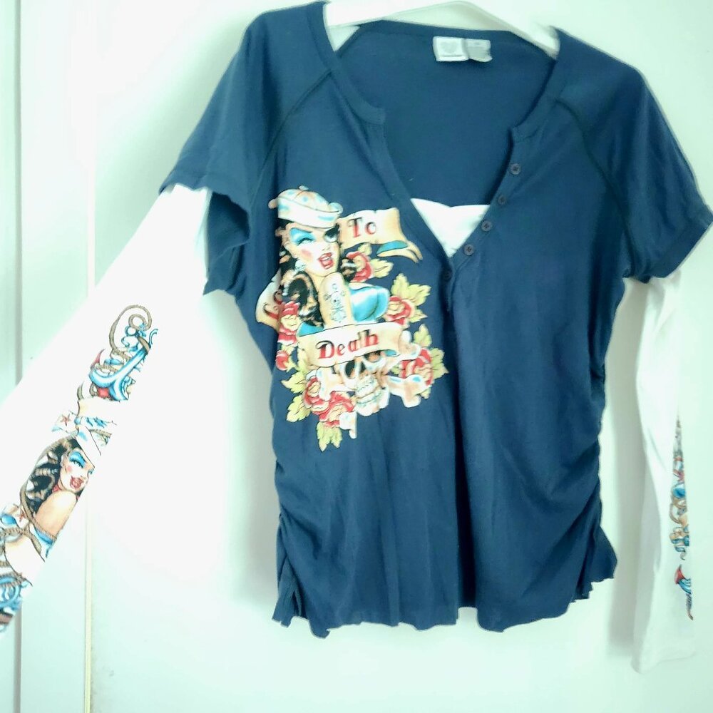 Double Layer Tattoo Print Tee Shirt Women's 1X NWOT